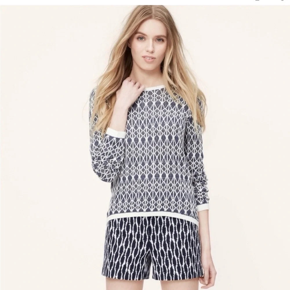 LOFT Blue and Ivory Linen Ikat Pullover Long Sleeve Sweater XSP